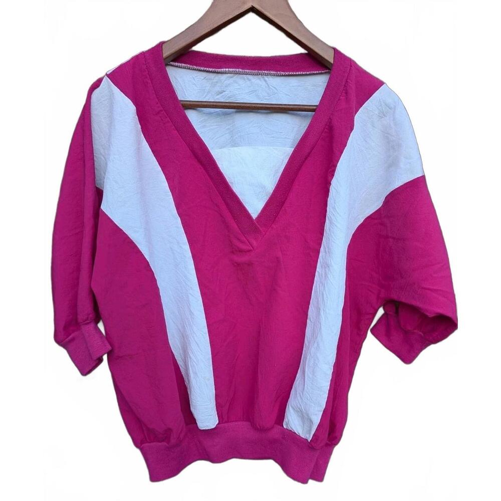 Cortiva Vintage 80s Retro Women's Polyester Magenta Colorblock Pullover Jacket